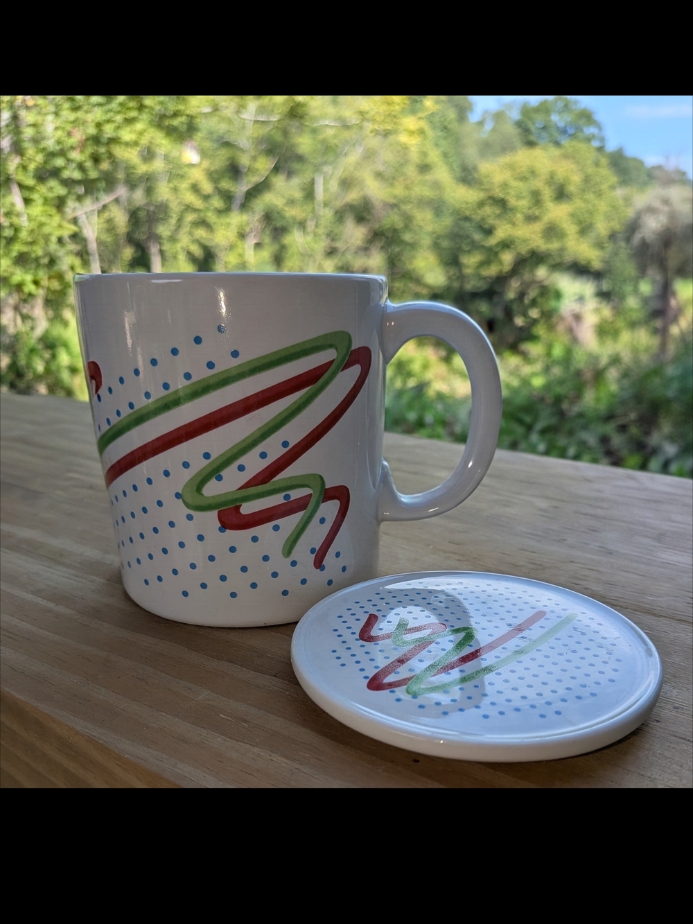 Vintage FTD Especially For You Tea Coffee Mug Lid Polka Dot Red Green Scribble